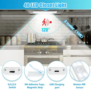 10 24 40 60 LED Saskaņā ar ministru Kabineta led Gaismas, Kustības Sensors, Skapis Gaismas USB Bezvadu iekasējams lampas Guļamistabas Virtuves Skapis