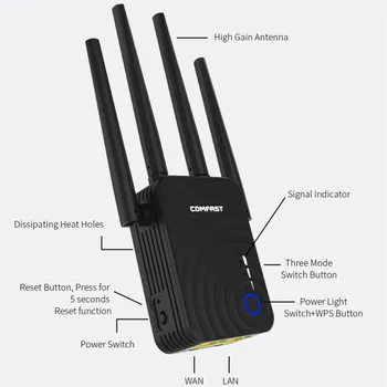 1200Mbps 2.4 G 5GHz Dual Band Wireless router WiFi repetidor Ilgi Diapazona paplašinātājs Wi-fi Atkārtotājs ar 802.11 ac 4 Ārējās Antenas