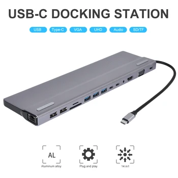 14-In-1 C Tipa Hub USB C HDMI VGA RJ45, USB 3.0 Pieslēgvietām, SD/TF Karšu Lasītājs, USB-C Elektroenerģijas Piegādes MacBook Pro datorā Ar PD