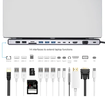 14-In-1 C Tipa Hub USB C HDMI VGA RJ45, USB 3.0 Pieslēgvietām, SD/TF Karšu Lasītājs, USB-C Elektroenerģijas Piegādes MacBook Pro datorā Ar PD