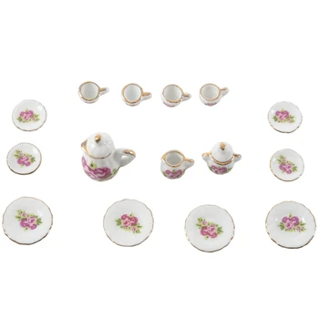 15 gabali Porcelāna tējas komplekts Namiņš miniatūras pārtikas Ķīnas roze ēdienus kauss-ABUX