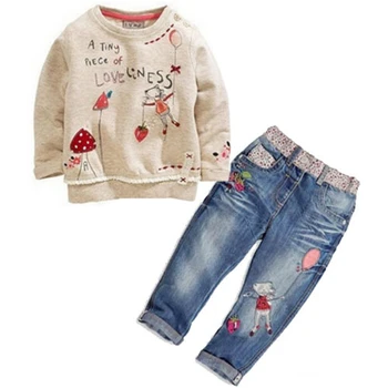 2017 jaunu modes bērnu pavasara, rudens apģērbu komplekti meitenēm karikatūra ilgtermiņa piedurknēm džemperis+džinsiem, uzvalku komplekti bērnu kostīms komplekts 2-7Y