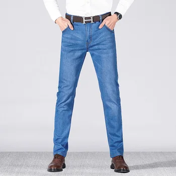 2019. gada Rudens Pavasara Vidum Svara Vīriešu Modes Džinsi Biznesa Gadījuma Stiept Slim Jeans Džinsa Bikses Klasiskās Vīriešu Bikses