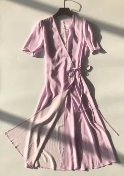 2019 Jaunā Sieviešu Šiks Wrap Kleita Vasaras Polka Dot Print Īsām Piedurknēm Sānu Pogas Salds Slim Midi Kleita