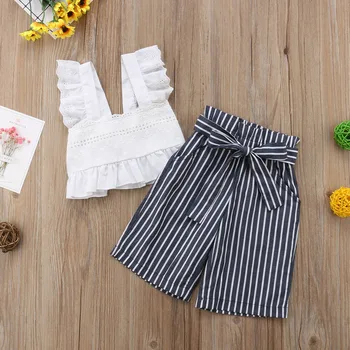 2019 Karstā Fshion Baby Toddler Meitenes Balta Mežģīņu Topi, Vestes +Ilgi Bowknot Plaša Kāju Bikses Uzstādīt Bērnu Apģērbs Apģērbs