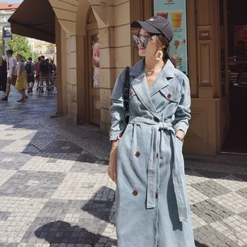2019 Kritums Jauns Džinsa Sieviešu Uzrakt Mēteļi Ar Garām Piedurknēm Retro Korejas Modes Gadījuma Elegantas Dāmas Garš Apmetnis Streetwear Drēbes