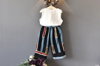 2019 meitenes vasaras modes apģērbu komplekti bērnu veste +plaša kāju svītrainas bikses 2 gab., tērps bez piedurknēm, kas noteikts bērniem drēbes