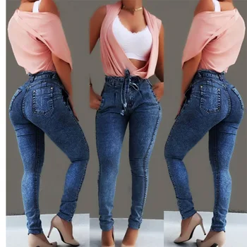 2019 modes Augsta Vidukļa Džinsus Sieviešu Streetwear Pārsējs Džinsa Femme Zīmuli Bikses Skinny Jeans