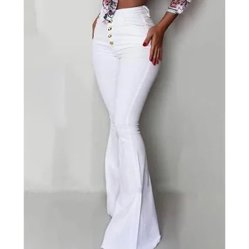 2019 Modes Buttoned Bell Apakšējo Augstās Jostasvietas Bikses Sievietēm Cietā slim fit balts uzliesmojums bikses Vasaras Eleganti apģērbi patalon femme