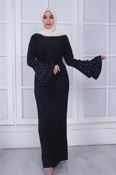 2019 Vienkāršs un Elegants Slim Musulmaņu Dubaija Turcija Sprādziena Pērle Kroku Taures Piedurknēm Mūsdienu Modes Sieviešu Kleita ar garām Piedurknēm
