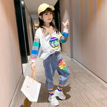 2020 Bērniem, Meiteņu Apģērbu Komplekti Modes Grafiti garām Piedurknēm T-krekli + džinsi, Rudens Bērnu Apģērbu Pusaudžu 7 8 9 10 12 Gadiem