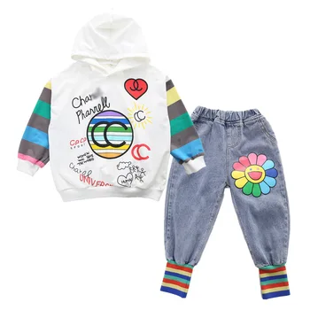 2020 Bērniem, Meiteņu Apģērbu Komplekti Modes Grafiti garām Piedurknēm T-krekli + džinsi, Rudens Bērnu Apģērbu Pusaudžu 7 8 9 10 12 Gadiem