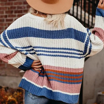 2020. gada rudens un ziemas jauno sieviešu svītrainām adīt džemperis ar garām piedurknēm zaudēt apaļu kakla džemperis rudens drēbes sievietēm