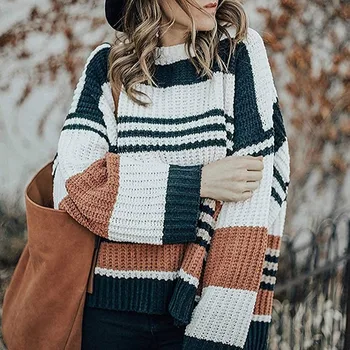2020. gada rudens un ziemas jauno sieviešu svītrainām adīt džemperis ar garām piedurknēm zaudēt apaļu kakla džemperis rudens drēbes sievietēm