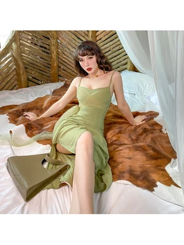 2020. gada Vasarā francijas Vintage Vairāku Veidu Zaļās Kleitas Vidum Teļš Spageti Siksnas Sadalīt Sexy Eleganta, Gara Kleita Sievietēm Fit un Izlīdzināšanu