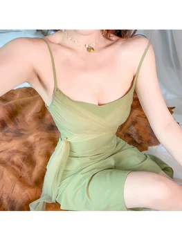 2020. gada Vasarā francijas Vintage Vairāku Veidu Zaļās Kleitas Vidum Teļš Spageti Siksnas Sadalīt Sexy Eleganta, Gara Kleita Sievietēm Fit un Izlīdzināšanu