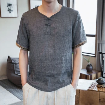 2020. gada vasarā jaunu plānas veļa vīriešu modes gadījuma īsām piedurknēm T-krekls Ķīniešu stilā sprādzes liela izmēra T-krekls, M-5XL