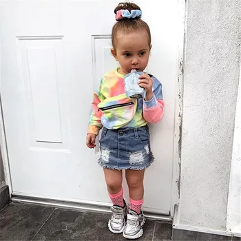 2020. gadam Infant Baby Meiteņu Apģērbu Komplekti Drukāt garām Piedurknēm T Krekli, Topi+Džinsa Svārki 2gab Modes apģērbs Vasaras Apģērbs