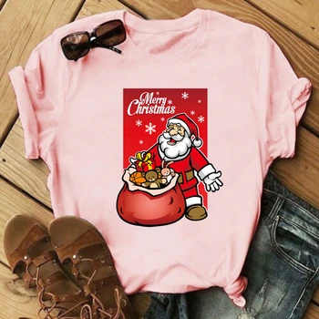 2020. gadam Jauniem Karstā Pārdošanas Kawaii Ziemassvētku Elk Karikatūra Izdrukāt Dāmu T-krekls Lielgabarīta Apaļu Kakla Mīksto Sieviešu Apģērbu Rozā Top Tee