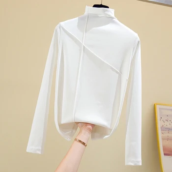 2020 Garām Piedurknēm Biezs T Krekls Sieviešu Ziemas Topi Augstu Uzrullētu Apkakli Silts T-Krekls Korejas Kokvilnas Tshirt Sieviete Tee Kreklu Femme Rozā, Zilā