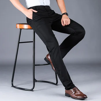 2020New Augsto vidukli, Melnas Bikses Vīriešu Apģērbu, ādas Elastību Džinsi Biznesa Gadījuma Džinsa Slim Bikses Klasiskā Stilā, Elastīgās jostas