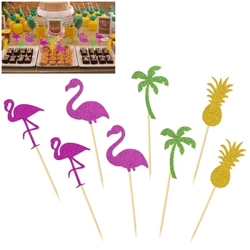 24pcs Kūka Toppers Spīguļi, Ananāsu, Kokosriekstu Koku Flamingo Kūka Rotājumi Deserta Kūka Toppers Ievietojiet Karti Kūka Dzimšanas dienas svinības