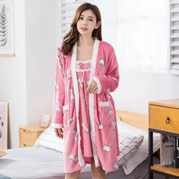 2GAB Drēbes SetCute Kimono Kleita Sleepwear Softy Sieviešu Ziemas Naktsveļu Mājas Apģērbu Zilais Peldmētelis Miega Komplekts Siltā Loku Nightdress