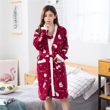 2GAB Drēbes SetCute Kimono Kleita Sleepwear Softy Sieviešu Ziemas Naktsveļu Mājas Apģērbu Zilais Peldmētelis Miega Komplekts Siltā Loku Nightdress