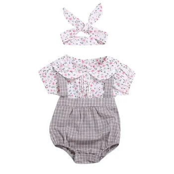 2gab Jaundzimušais Meiteņu Drēbes Romper Ziedu Drukāt Īsām piedurknēm Bodysuit +Galvas stīpa bērniem Princese Zīdaiņu Toddler Kokvilnas Apģērbs