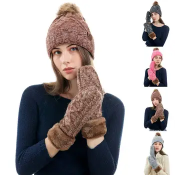 2gab/Set Sieviešu Ziemas Plīša Oderējums, Trikotāžas Beanie Cepure Stretchy Cimdi (Pirkstaiņi
