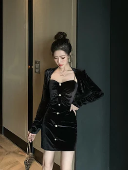2gab Sieviešu Elegants Samta Piedurknēm Mini Kleita Slim Retro Modes korejiešu Stila Tērps, Top Coat Naktsklubs Bodycon Vintage Vestidos