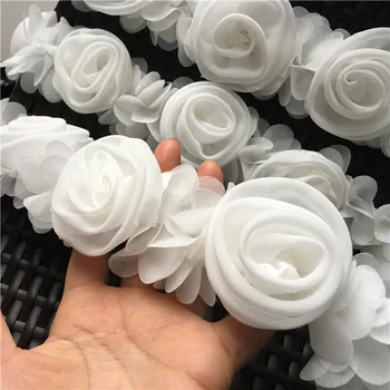 2Meters 3D Ziedu Balta Šifona Rožu Mežģīnes Apdari Lentas, Auduma Kāzu Kleitas Plecu Siksna Apdare, Svārki, Josta Šūšanas Appilques