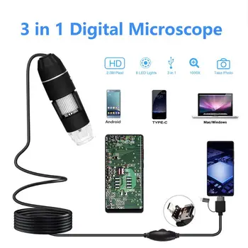 2MP 1080p 3 in 1 USB Type-C Micro-USB 1000X Lupu, Mikroskopu, Kamera Video Endoskops android Tālrunis OSX Windows PC