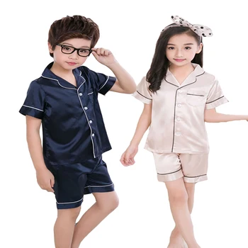 3-12 gadiem Bērniem Zīda Pidžamas Komplekts 2019. Gada Vasarā Bērni Zīda auduma Pidžamas Komplekts Meitenēm Zēniem Sleepwear Naktsveļu pidžamas mājas Drēbes