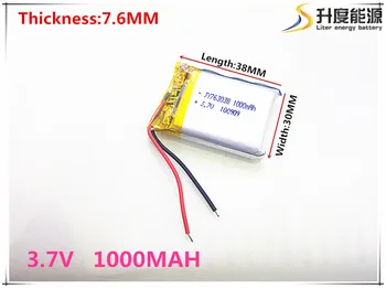 3.7 V 763038 litija-jonu polimēru akumulators 1000 mah transportlīdzekļa ceļojumā datu reģistratoru LED skaļruņi rotaļlietas