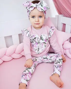 3pcs/set Toddler Jaundzimušais Meitenes Apģērbu Komplekts Ziedu garām Piedurknēm T krekli + Bikses + Galvas Tērpiem, Bērnu Kostīmi