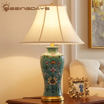 46x70cm Ķīniešu Amerikāņu Stilā Zaļu Ziedu Keramikas Galda Lampas Dzīvojamā Istaba Guļamistaba Gultas Lampa Laukos Lielā Galda Lampas