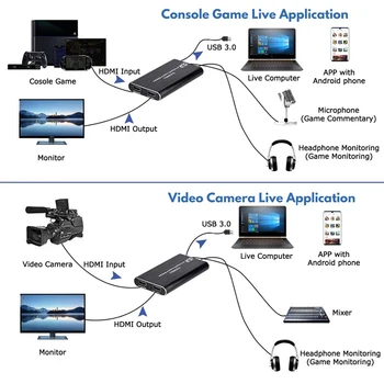 4K HDMI Capture Video Kartes USB3.0 1080P Uzticamu Portatīvo Uztveršanas Spēles Karti, lai Tiešraides Raidījumi, Video Ierakstīšanas