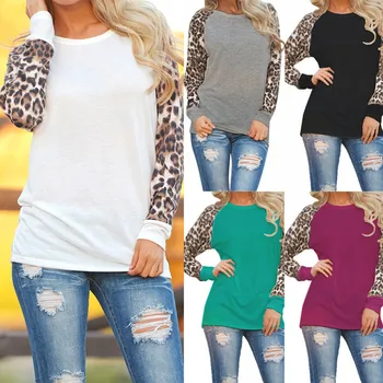 5xl ir 2021. Plus Lieluma Sieviešu Apģērbu Pavasara Rudens Sieviešu T-krekls Gadījuma Sexy Salaist Leopard Liels, Liels Izmērs ar garām Piedurknēm Top 2021