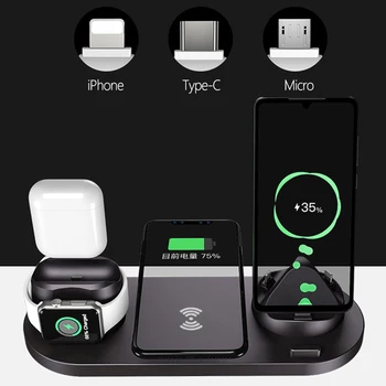 6-in-1 10W bezvadu lādētāju bāzes Apple Skatīties Airpods daudzfunkcionāla bezvadu lādēšanas stacija iPhone11 Pro Max