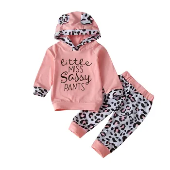(6M-3T) Bērnu ar garām Piedurknēm Vēstuli Izdrukāt Leopards Drukāt Kapuci sporta Krekls Top + Bikses Kopa Nedaudz garām bērnu drēbes, meitene S4