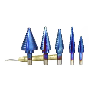 6Pcs HSS Nano Zilā krāsā ar Pārklājumu Solis Urbis Ar Centru Komplekts Perforators Caurumu Griezējs Urbšanas Instruments