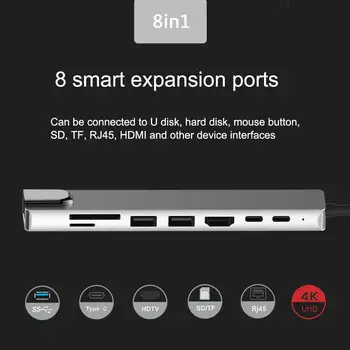 8 1 Tips-C centrs, lai HDMI USB3.0 RJ45 10/100/1000M Gigabit LAN PD TF Atmiņas Kartes Pārveidotāja Adapteris WIN/ MAC OS/Linux