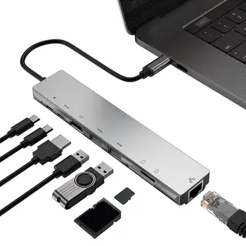 8 1 Tips-C centrs, lai HDMI USB3.0 RJ45 10/100/1000M Gigabit LAN PD TF Atmiņas Kartes Pārveidotāja Adapteris WIN/ MAC OS/Linux