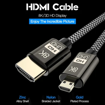 8K 60Hz HDMI 2.1 Kabelis Micro HDMI uz HDMI Adapteri Zelta Pārklājumu vīrietis-Vīrietis video Kabeli Ethernet SLR Kamera HDTV TV Tablet Tālrunis