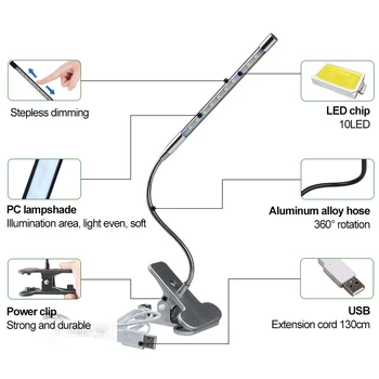 8W LED Klipu Galda Lampa Touch Galda Gaismas USB Powered 3 veidi 10 Līmeņos Regulējamas, Bendable Skava Tabula Gaismas