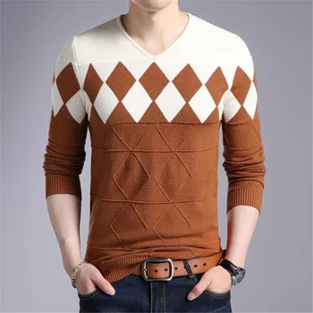 Adīti džemperi, vīriešu Džemperis Rudens Ziemas Slim Fit Vīriešu Džemperi džemperi Argyle Modelis ar V-veida Kakla Pull Homme vīriešu Vilnas Džemperi