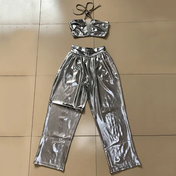 Ailigou Modes Sexy Silver Lady PU Uzvalks Strapless Kroku Mežģīņu Tops un Bikses 2 divdaļīga Kluba Slavenību Bodycon Puse Bikses Kopa
