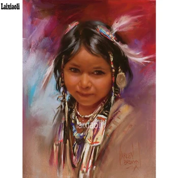 Amerikas Iedzimtajiem Indijas mazā meitene 5D DIY Dimanta Glezna Krustdūrienā Dimanta Izšuvumi pilnu Kvadrātveida, apaļas Dimanta Mozaīkas mākslas