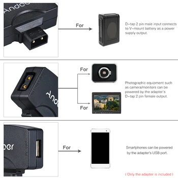 Andoer D-Pieskarieties, lai 5V USB Adapteris Savienotājs V-Mount Videokameras Fotokameras Akumulatoru BMCC par iPhone iOS Android Viedtālrunis Monitors